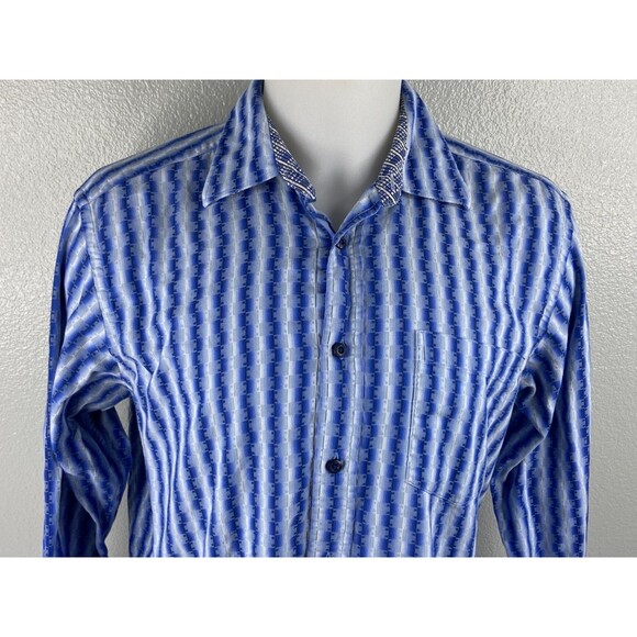 Bugatchi Uomo Men Large Button Front Shirt Blue Geometric Stripe Flip Cuff - Picture 2 of 9